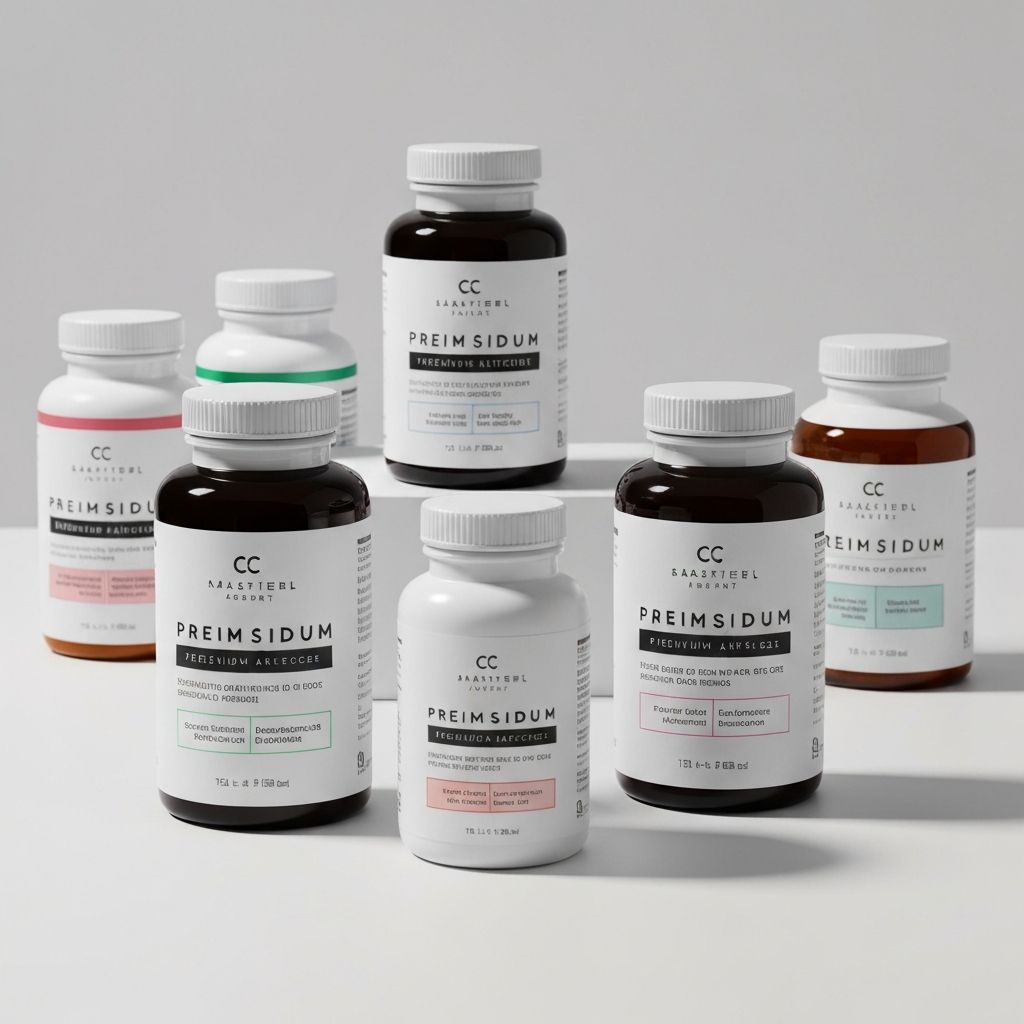 Premium supplement bottles collection with modern minimal packaging