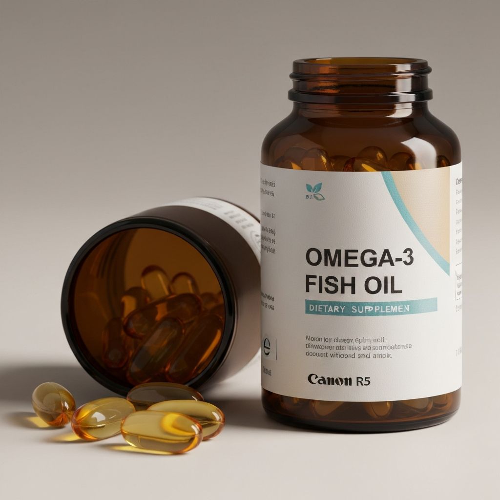 Omega-3 fish oil capsules in amber glass bottle with professional label