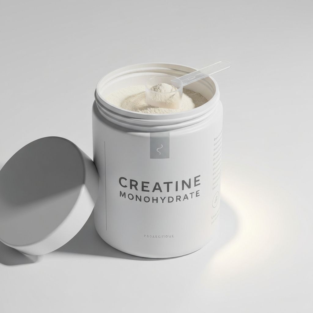 Creatine monohydrate powder in white canister with measurement scoop
